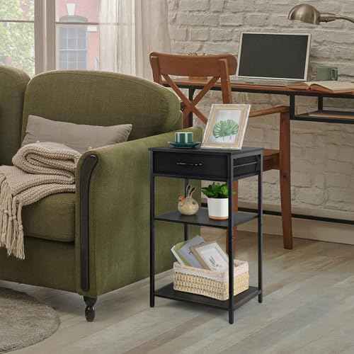 ETELI Printer Stand Table for Home Office 3 Tier Small Printer Stand with Storage Drawer Multi-Functional Printer Desk Shelf with Wood Board and Metal Frame for Printer Fax Machine Scanner, Black