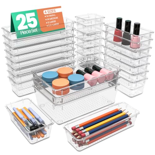 KICHLY 25-Piece Clear Drawer Organizer Set - Multi-Size Storage Trays, Pack of 25