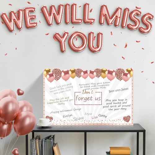 Retirement We Will Miss You Greeting Card for Coworkers Women, Pink Rose Gold Guest Signature Book Gifts, Good Luck Blessing Greeting Card for Going Away Farewell Decorations Party Supplies