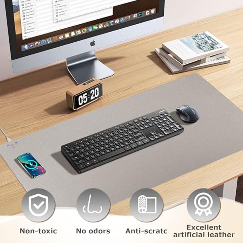 Wireless Charging Mouse Pad Firelison 2 in 1 Leather Multifunctional Office Desk Pad with Non-Slip Rubber Base, Waterproof Desk pad for Computers/Office/Work/Home/Decor£¨ 32" x 16"Grey - L£©