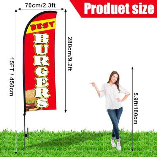 Buryeah 15ft Burgers for Business Advertising Feather Flag Sign with Flagpole Ground Stake Portable Bag Burgers Signs Banner for Outside Business