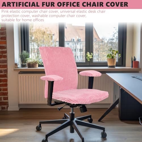 Tegeme Pink Faux Fur Office Chair Cover Set with Armrest Pads (4-Piece)