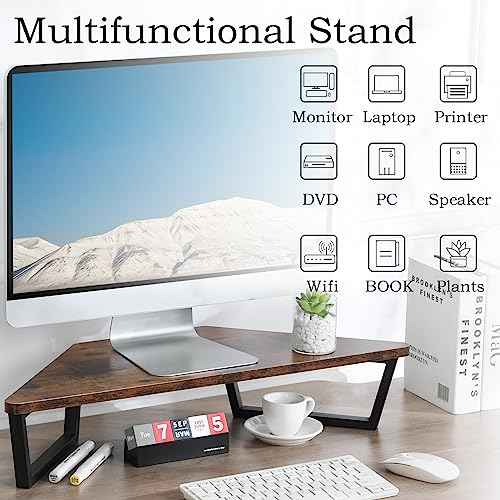 TEAMIX 26 inch Triangle Monitor Stand Riser, Desktop Corner Shelf with Metal Leg Wood Computer Stand with Storage Laptop Riser Office Organization
