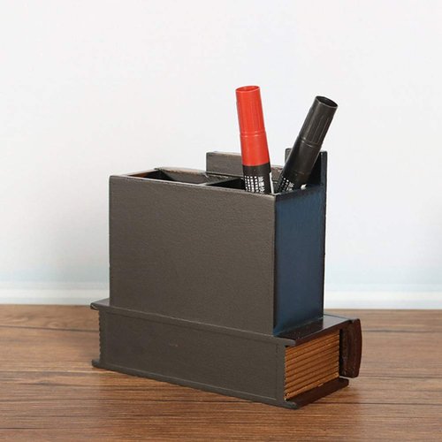 NUOBESTY Retro Pen Cup Holder Book Style Wooden Pencil Organizer Desktop Remote Pen Compartment Stand Home School Office Faux Book Pencil Caddy