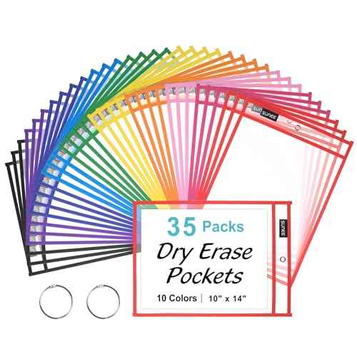 SUNEE 35 Packs Oversized Reusable Dry Erase Pocket Sleeves with 2 Rings, 10 Assorted Colors 10x14 Ticket Holders, Clear Plastic Sheet Protectors, Teacher School Classroom Supplies