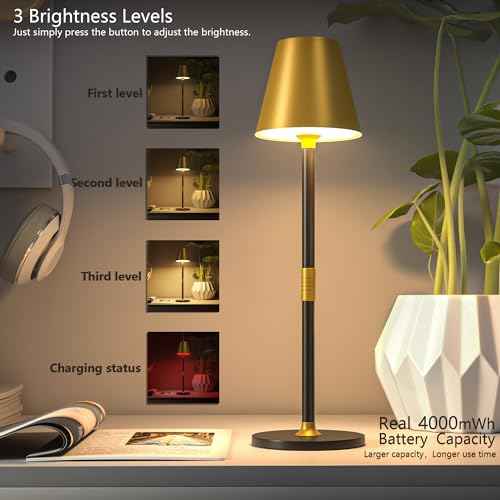 Modern LED CordlessTable Lamp,4000mAh Rechargeable Battery Desk lamp,3 Level Brightness Kitchen Light, Portable,Minimalist Design, for Couple Dinner/Coffee Table/Restaurant/Bedroom(Gold&Black 2pack)