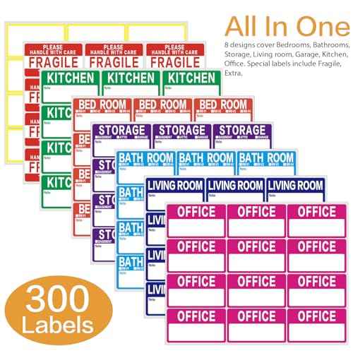 300 Count 3.5 x 2 Large Home Moving Packing Box Labels for 3-4 Bedroom House with Writable Notes Areas, 7 Color Coded Moving Labels for Boxes + Fragile Moving Stickers