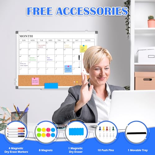 WALGLASS 24x18 Inch Dry Erase Calendar Whiteboard with Cork Strip, Wall Mountable, 3-in-1 Magnetic White & Cork Board, Includes Markers & Accessories