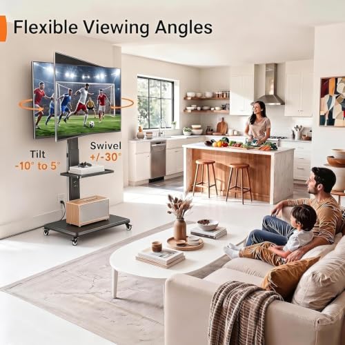Perlegear Black Mobile TV Stand for 32-75 Inch TVs with Power Outlet & Adjustable Height
