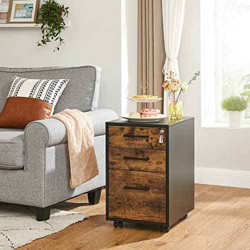 SONGMICS File Cabinet, Pre-Assembled Except Wheels and Handles, Office Filing Cabinet with Lock, for A4, Legal, Letter Sized Documents, 17.7 x 14.4 x 23.6 Inches, Rustic Brown and Black UOFC110B01V1