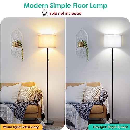 FOLKSMATE Floor Lamp for Living Room, Modern LED Simple Standing Lamps, Minimalist Tall Lamp for Bedroom, Living Room, Office, Kids Room, Reading Light, Black Pole Lamp with White Shade, Without Bulb