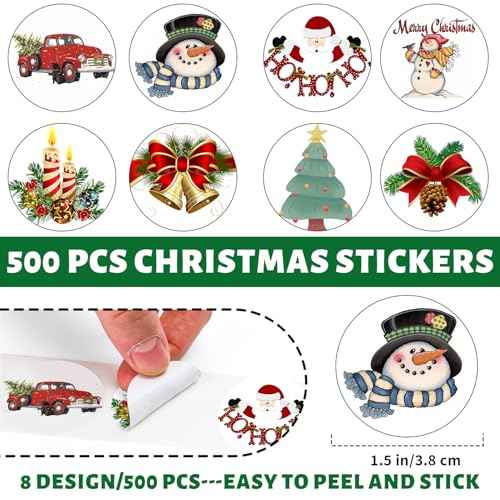 Christmas Stickers Merry Christmas Stickers for Cards Crafts Gifts, 500 Pcs Happy Holidays Sticker for Envelopes 1.5" Small Xmas Envelope Seals Sticker Roll for Gift, Boxes, Round (Christma)