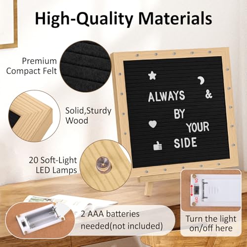 Black Felt Letter Board with LED Lights, 10x10 inch Changeable Message Sign