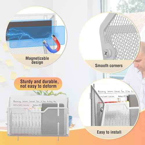 Docnest 6 Pack Magnetic Wall Mounted File Holders,Mesh Letter Organizer with Hooks, Magnetic Hanging Mail Paper Document Organizer for Office, Home, School, White