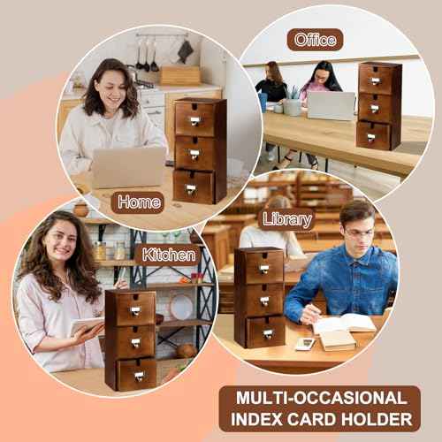 DLUGOPIS 3 Tier Index Card Holder 3x5 Wooden Card Catalog Box with 3 Drawers Brown Index Card Storage Box Flash Card Holder 25 Index Card Dividers 2 Letter Smile Stickers for Office