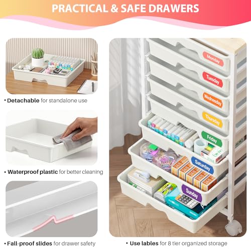 White Goovilla Rolling Cart with 8 Drawers for Art, Office, Dorm, Craft