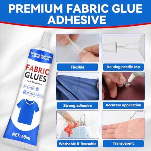 Fabric Glue, 60 ML Fabric Glue for Clothing Permanent Washable, Fabric Adhesive for Rhinestones, Patches, Clothes, Denim, Leather, Polyester, Fabrics, Doll Repair, Flannel, Cotton