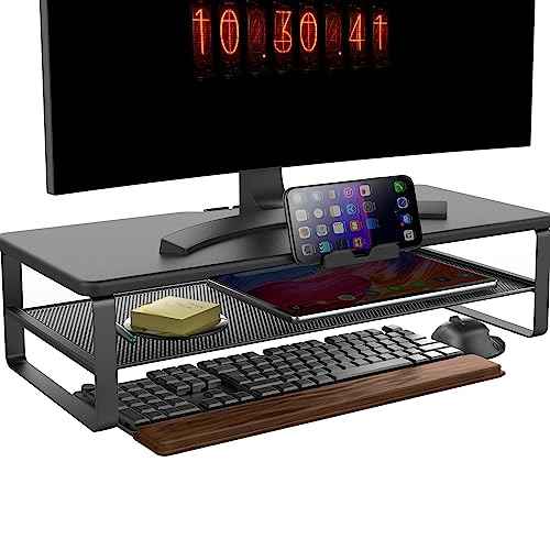 Monitor Stand with drawer, 2-Tier Monitor Stand Riser with Phone Holder and Cable Management - Desk TV Shelf, Laptop Printer, Desk Organizer Stand, for Home & Office, Black