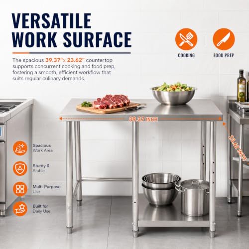 Stainless Steel 40x24 Inch Work Table with Under Shelf – Heavy Duty Commercial Kitchen Prep Table