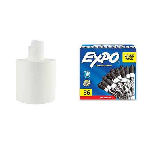 Boardwalk BWK410321 7.6 in. x 8.9 in. 2 Ply Center-Pull Roll Towels - White (6/Carton) & EXPO Low Odor Dry Erase Markers, Chisel Tip, Black, 36 Count