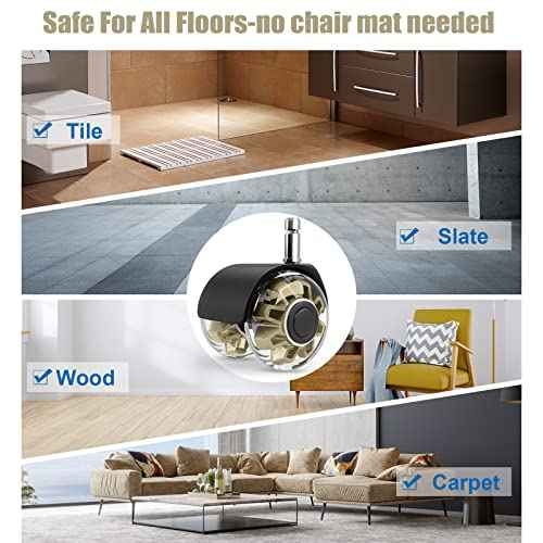 Office Chair Caster Wheels (Set of 5),Heavy-Duty Chair Wheels Support 2200lbs,Mute Rubber Chair Casters for Hardwood Floors and Carpet,2 Inch Universal Fit (Gold)