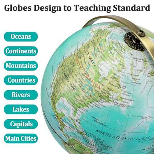 8'' World Globe with Gold Stand 720¡Æ Rotating, Kids Adults Student Geography Educational, Desk Globe Decorative Office Classroom, Unique Birthday Christmas Gifts (Elegant Turquoise)