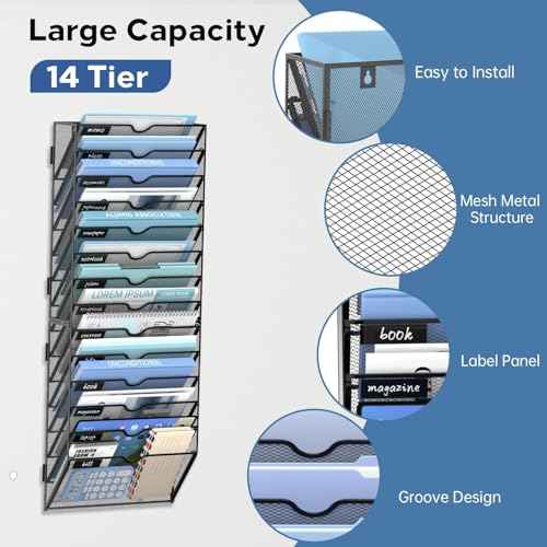 14 Tier Wall Hanging File Organizer, Paper Folder Holder Wall Mounted, Metal Mail Sorter for Office Home School, Black