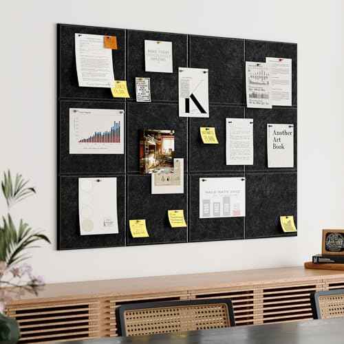 Felt Cork Board for Wall: Extra Large Bulletin Board for Office - 0.35 Inch Thick Corkboard Tiles 12PCS Black Pin Board Squares Adhesive