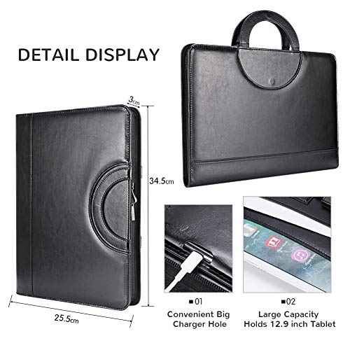 Darolin Zippered Leather Padfolio Portfolio with Hidden Handle and Clipboard, Business Conference Organizer Notepad Folder, Portfolio Bag, Padfolio for Women/Men (Black)