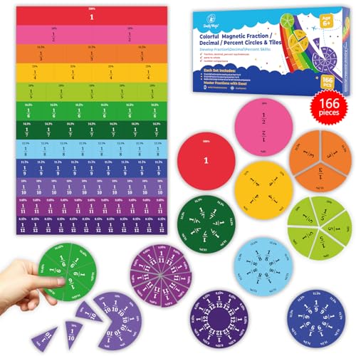 166 PCS Simply Magic Magnetic Fraction Tiles & Fraction Circles with Percentages - Fraction & Percent Strips & Bars, Fraction Manipulatives Class Set, Teaching Learning Fractions, Math Manipulatives