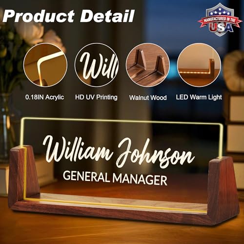 Custom Name Plate for Desk - Classic Acrylic Office Accessories with LED Base