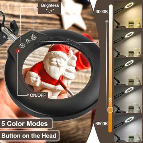 10X Magnifying Glass with Light and Stand, 5 Color Modes Stepless Dimmable 2-in-1 Desk Lamp with Clamp, Hands Free LED Lighted Magnifier with Light for Craft Hobby Painting Reading Repair Close Works