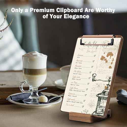 Walnut Wood Clipboard, 9" x 6.3" Small Menu Clip Board with Metal Clip and Stable Base, Solid Hardwood, Smooth Edges, Free Stand Holder for Bar, Restaurant, Coffee Shops, Countertops
