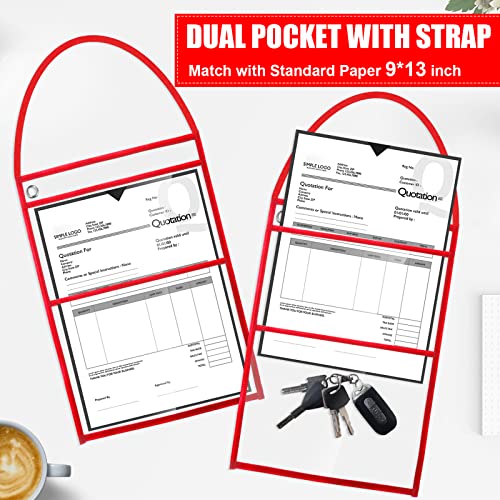 Epakh 30 Pack Shop Ticket Holders 9 x 12 Inch Work Order Plastic Sleeves Job Ticket Holders Dry Erase Repair Order Sleeves with Hanging Strap, Both Sides Clear(Red)