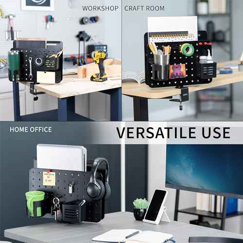 VIVO Steel Clamp-on Rotating Pegboard with Laptop Holder, 14 x 11 inch Magnetic Peg Board, Desk Accessory Organizer, Black, PP-DK02L