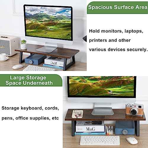 TEAMIX 24 inch Monitor Stand Riser, Rustic Brown Wood & Steel Computer Monitor Stand with Storage, Laptop, PC, Printer Stand Riser for Desktop Office Desk Organizers
