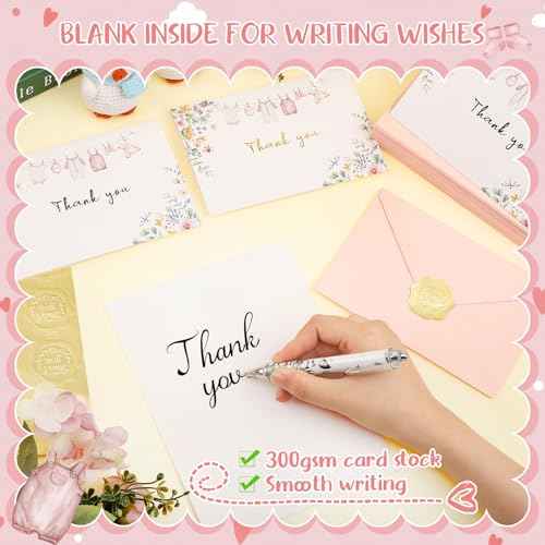 50 Pack Pink Baby Shower Thank You Cards with Envelopes and Stickers for Girl, Thank You Notes with Envelopes Set Bulk, Blank Greeting Cards for Birthday Baby Shower Party
