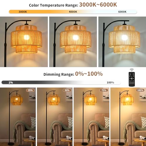 Rattan Floor Lamp for Living Room Bedroom Boho Arc Standing Lamp with Remote Dimmable Black Farmhouse Wicker Bamboo Lamp Shade Floor Light Tall Lamp Industrial Floor Lamps Bohemian Decor