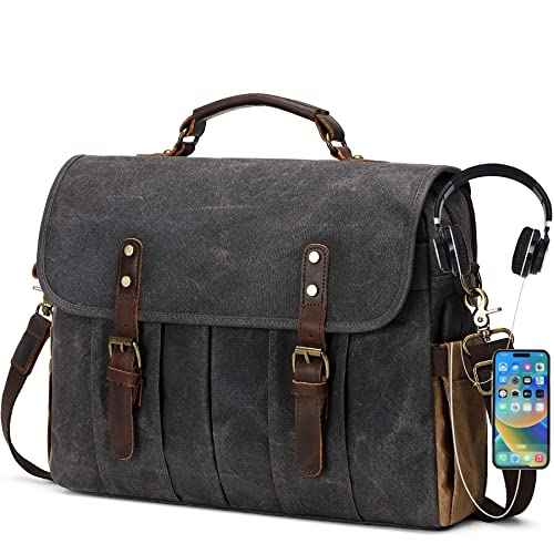 Messenger Bag for Men 15.6 Inch Vintage Canvas Genuine Leather Briefcase for Men Laptop Bag Satchel Shoulder Bag