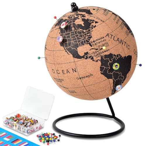 6" Cork Globe with 100 National Flag Pins & 50 Colored Push Pins ? Cork World Map with Rotating Stand ? Pin Globe for Travel Tracking, Home or Office Decor ? Gift for Couples & Families(DH-DQY-145)