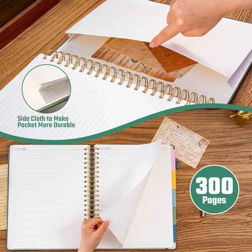 Hardcover Spiral Notebook 8.5" x 11" with 5 Removable Dividers 300 Pages Leather 5 Subject Notebook College Ruled 100GSM Large Spiral Notebooks for Work Thick Lined Journal for Women, Green