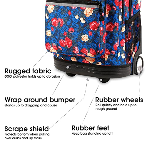 J World Sundance Laptop Rolling Backpack for Girls Boys. Roller Bookbag with Wheels, Vintage Rose