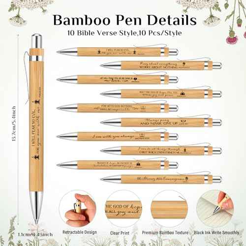 100 Set Church Christian Gifts Bulk Include Bible Verse Bamboo Pens Inspirational Bookmarks Christian Scripture Biblical VBS Religious Faith Based Sunday School Gifts for Women Men Pastor