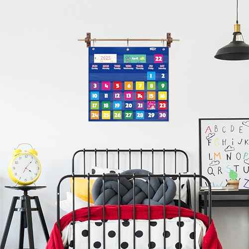 Calendar Pocket Chart, Classroom Monthly Pocket Chart with 76 Cards (68 Illustrated Activity Cards, 8 Dry Erase Blank Cards) plus 3 Over Door Metal Hangers for Classroom Home Preschool (20" x 19")