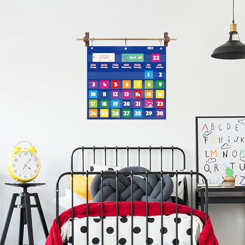 SpriteGru Blue Classroom Calendar Pocket Chart with 76 Cards & 3 Over-Door Hangers - 20x19 Inches
