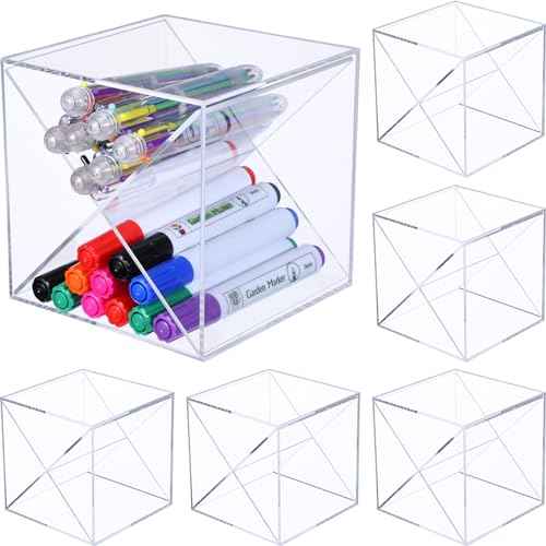 Kosiz 6 Pcs Back to School Stackable Pen Organizer 5.12 Inch Marker Pen Clear Holder Stackable Cube Organizer Removable Divider Acrylic Holder for Office Desk Desktop Storage