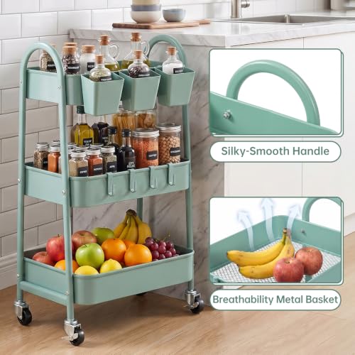 danpinera Green 3-Tier Metal Rolling Storage Cart with Wheels