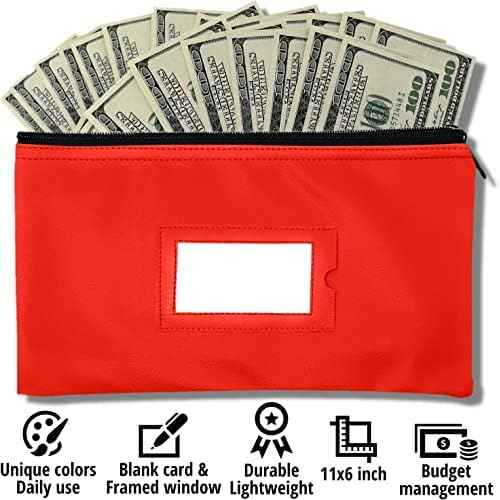 Money Bank Deposit Bag with Zipper | 11x6 inch | Red | Durable Leatherette Money Cash Coin Check Wallet Pouch for Men & Women with Framed ID Window and Blank Card | by GIDABRAND (10)