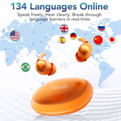 Yworlln Orange NE76 Wireless Bluetooth Earbuds with AI Translation, Sleep-Friendly Design for Side Sleepers & Travel