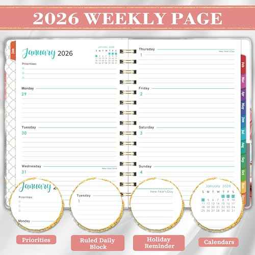 2026 Planner - Planner 2026 with Tabs, Jan. 2026 - Dec. 2026, 2026 Planner Weekly and Monthly, 2026 Calendar Planner, Weekly and Monthly Planner, 6.3" x 8.4", Hardcover with Back Pocket + Thick Paper - Pink Flower